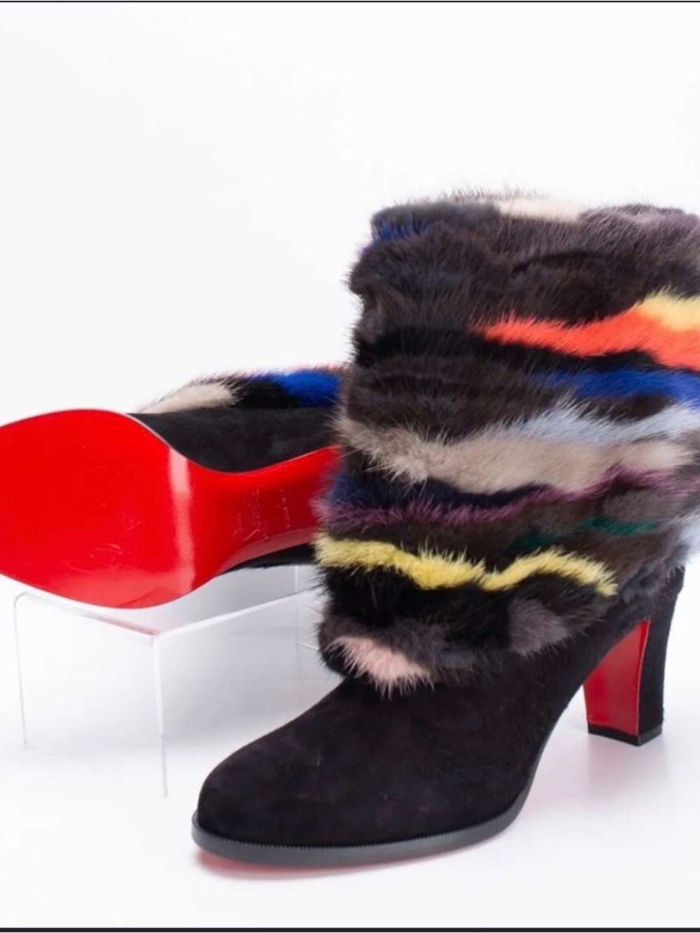 Christian Louboutin Alexandra Multicolor Fur Suede Boots Size 39.5 Red Bottom